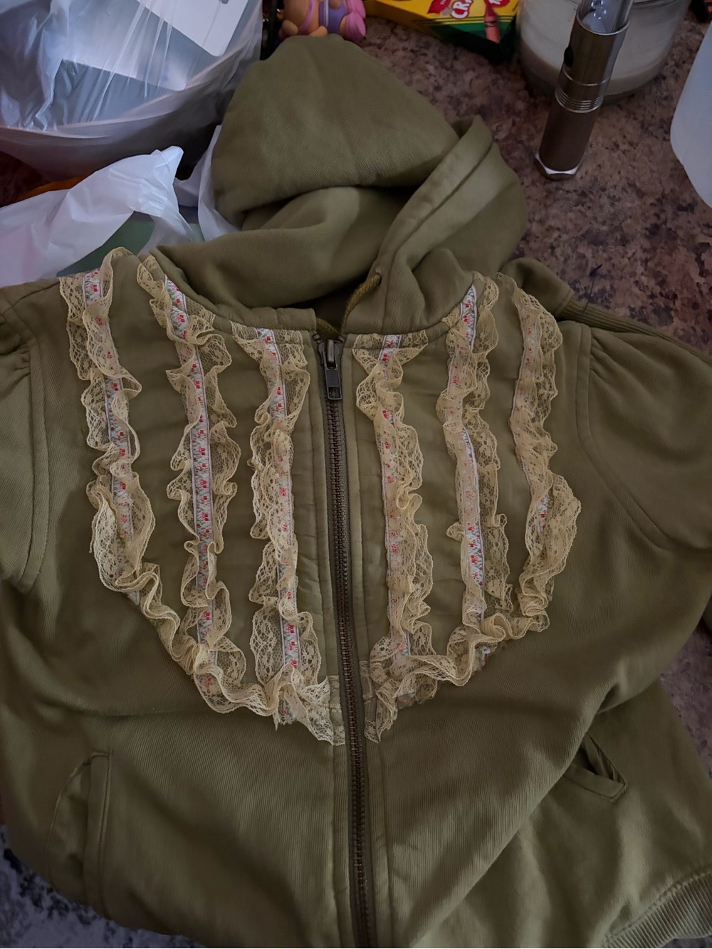 Free People Olive Green Hooded Zip-Up with Cream Lace Ruffles